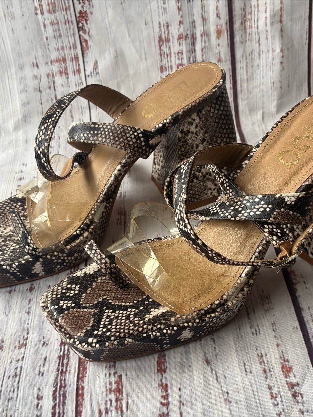 EGO UK Snake-Print Platform Block Heel Sandals in Brown Size 8 (UK 6)